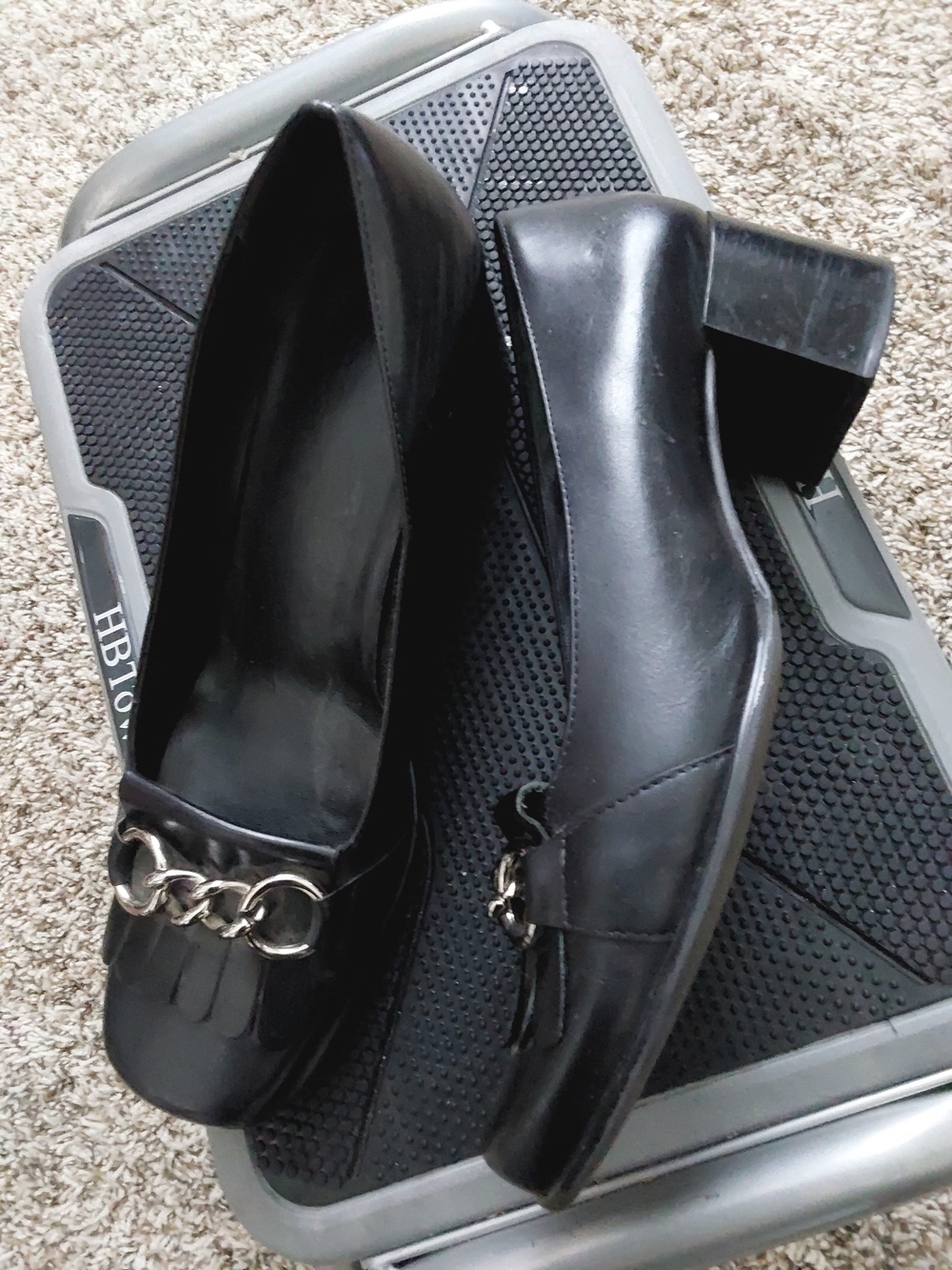 Black Women's Block Heel Loafers with Chain Trim
